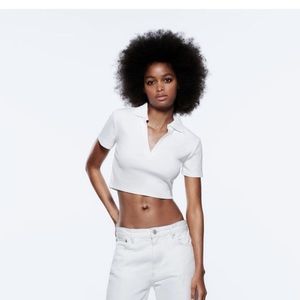 Zara Ribbed Cropped Polo Shirt White